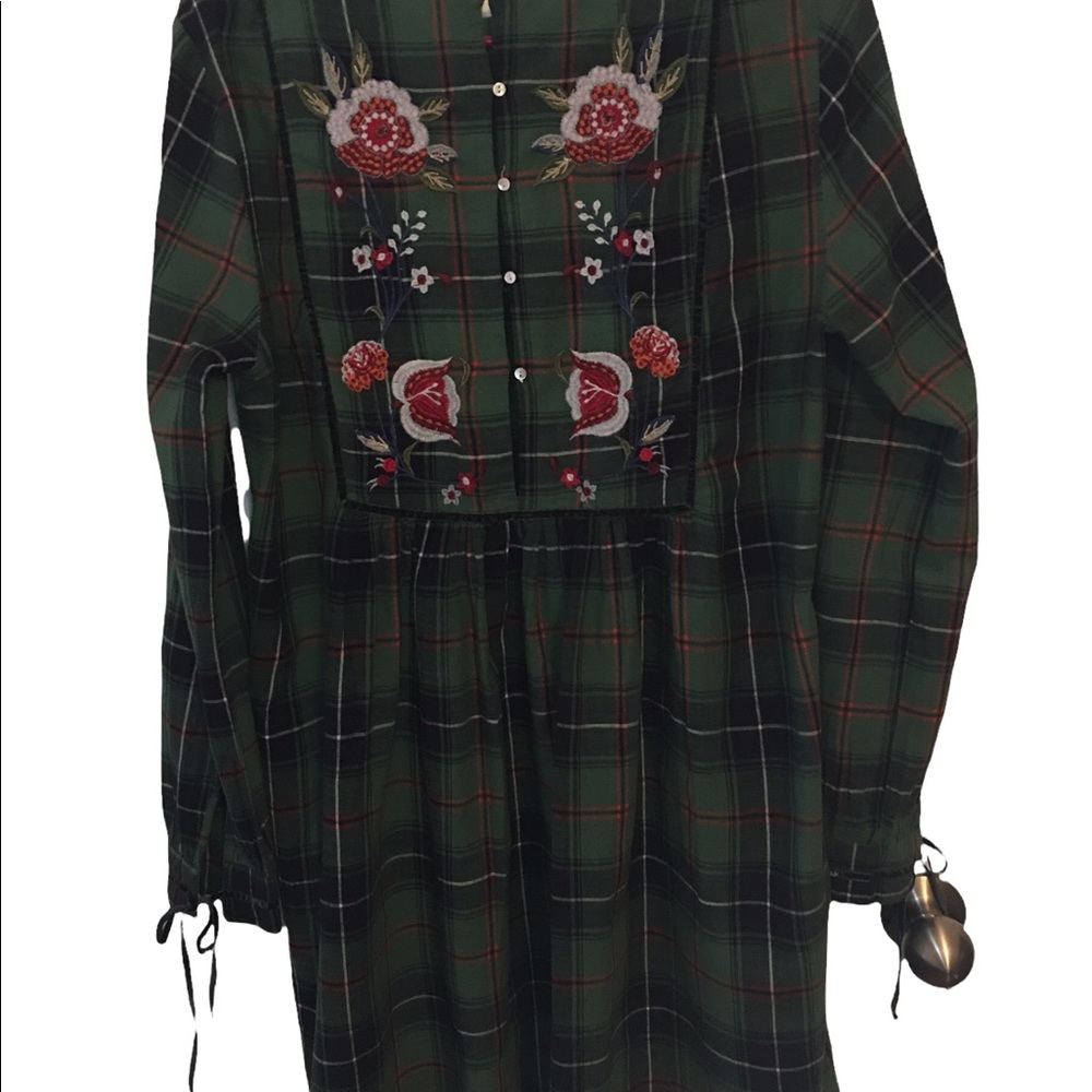 Zara Tunic Dress. Green black,white,orange plaid Size XL embroidered bodice bac